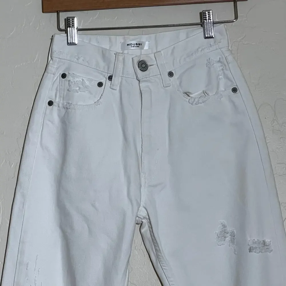 Moussy Vintage High Rise Straight Leg Distressed Jeans Cream Womens Size 24 - Picture 3 of 9